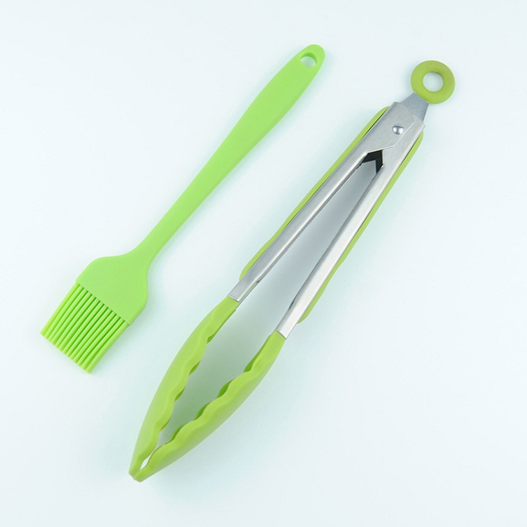 Heat Resistant Stainless Steel Tongs and Silicone Brush Set